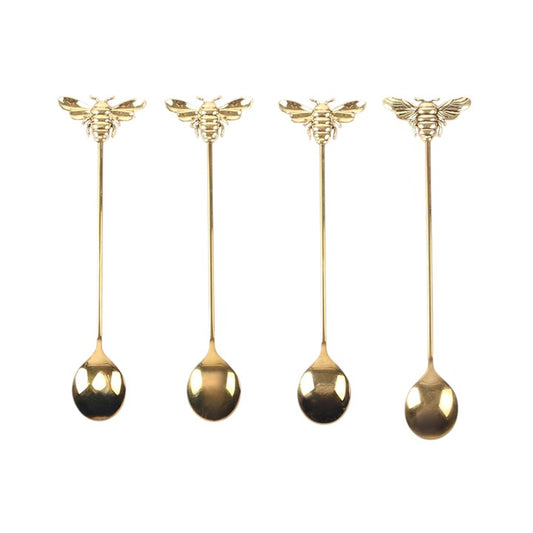 Gold honey bee teaspoons, four spoons with bee finials