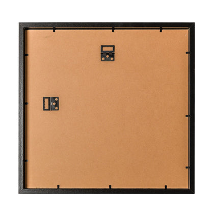 Black multi-aperture photo frame back with mounting hooks and brown backing board