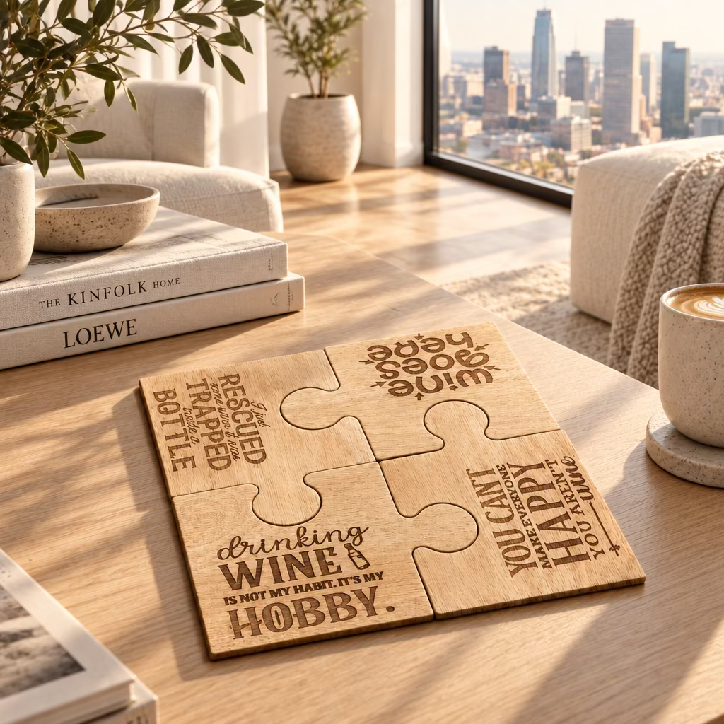Four interlocking wooden puzzle pieces with engraved wine-themed quotes, arranged on a coffee table.