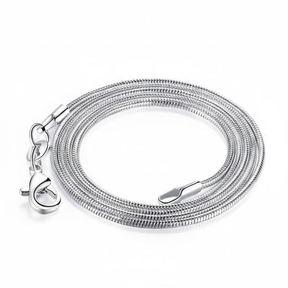 A silver snake chain on a white background.