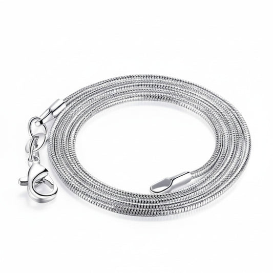 A silver snake chain on a white background.