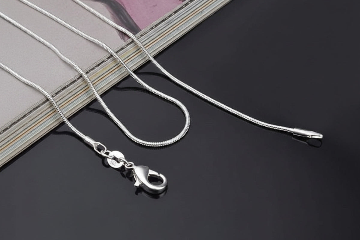 A silver snake chain necklace with a lobster clasp, displayed on a dark surface next to a magazine.