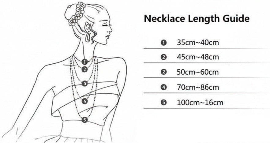 A size and specification chart for necklace wires or chains, showing a line drawing of a woman's torso with necklaces and a table of measurements from 35cm to 100cm.