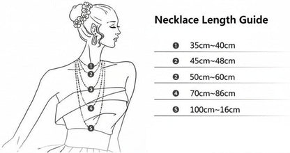 A size and specification chart for necklace wires or chains, showing a line drawing of a woman's torso with necklaces and a table of measurements from 35cm to 100cm.