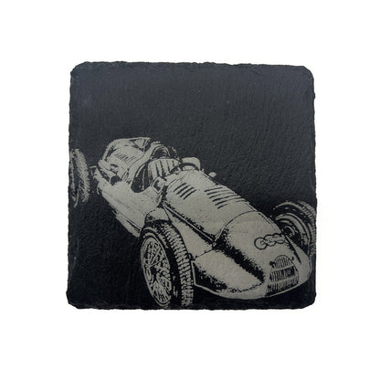 Slate coaster with a racing car design on a white background