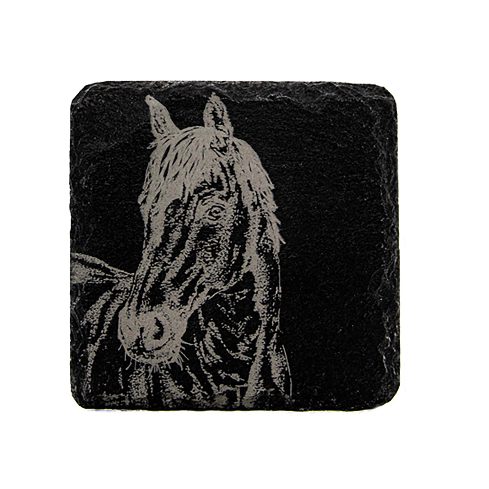 Square dark slate coaster with etched horse head artwork