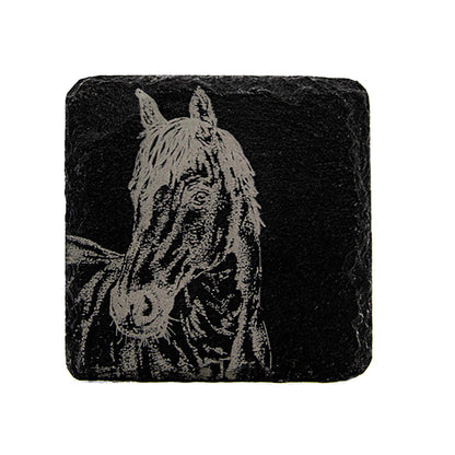 Square dark slate coaster with etched horse head artwork