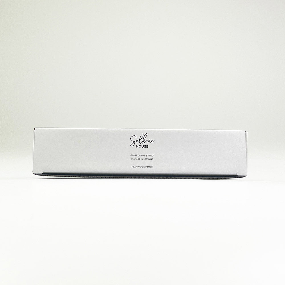 White product box with brand logo and text for glass drink stirrers