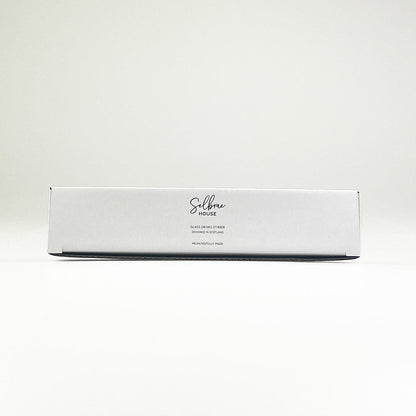 Glass drinks stirrer gift box with brand text on white package
