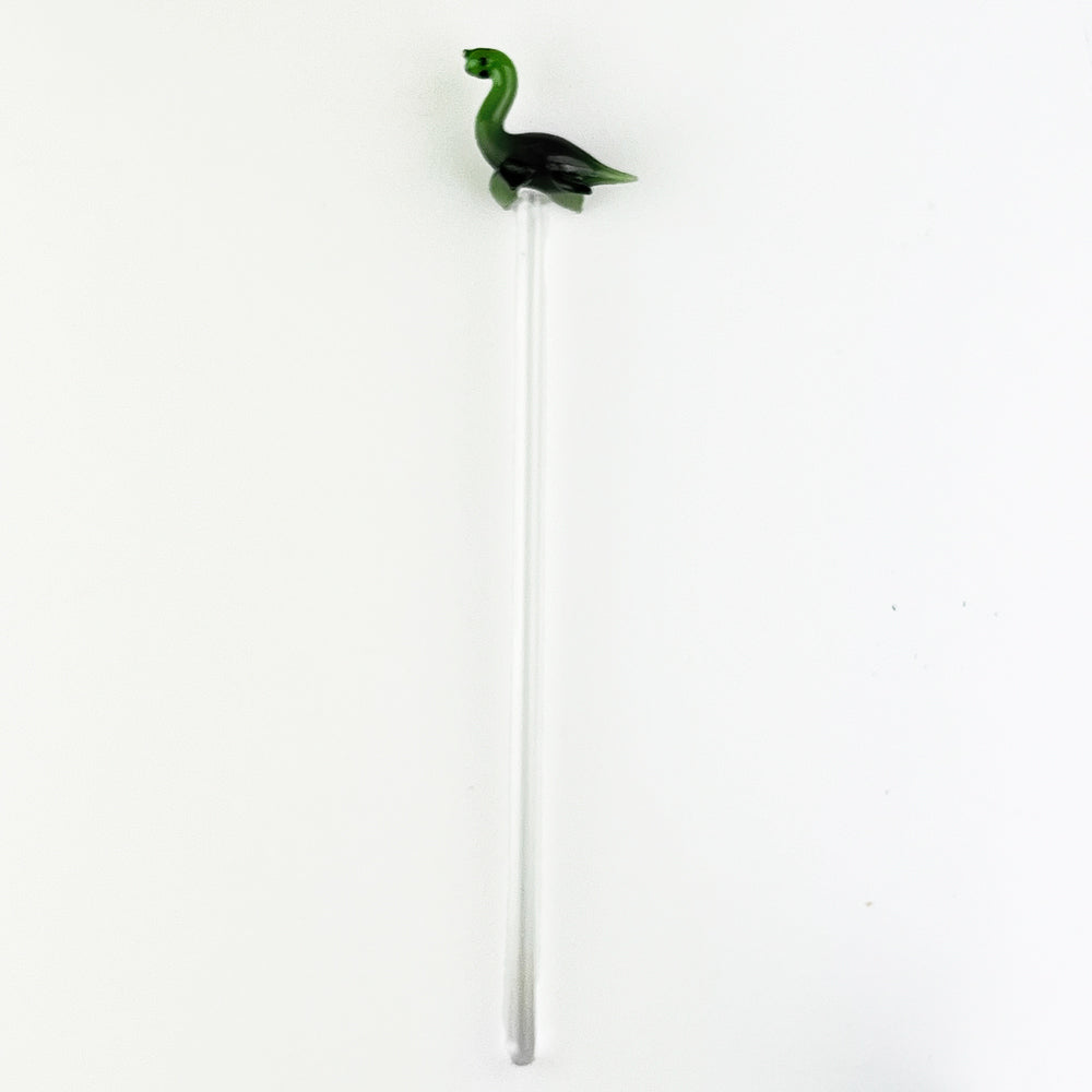 Green Nessie glass drink stirrer with curled head and long stir rod