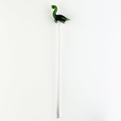 Green Nessie glass drink stirrer with curled head and long stir rod