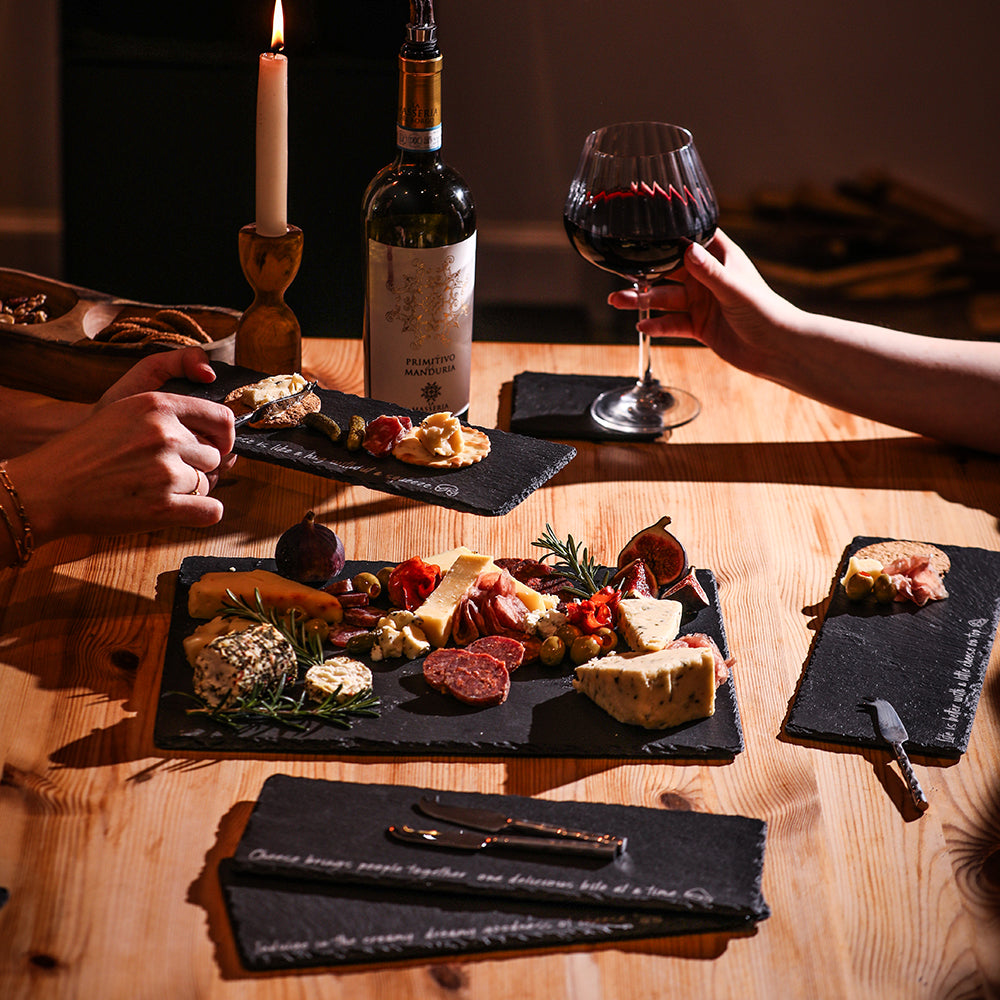 Set of 4 mini dark slate cheese boards with matching cheese knives, engraved sayings