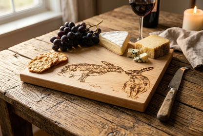 Oak serving board with engraved kissing hares on rectangular surface