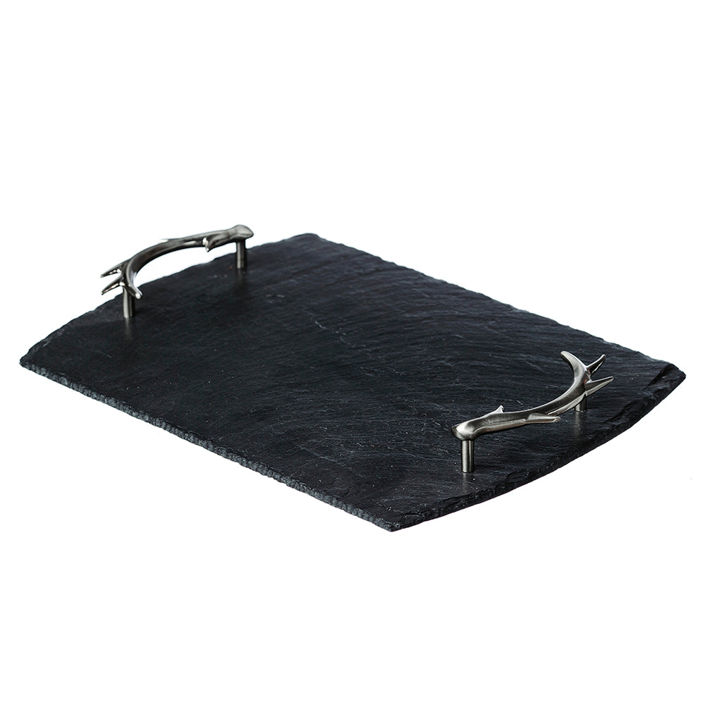 Black slate serving tray with raised silver antler handles on corners.