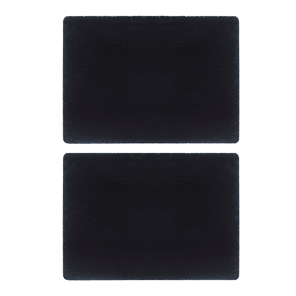 Two dark square slate place mats, flat matte surface