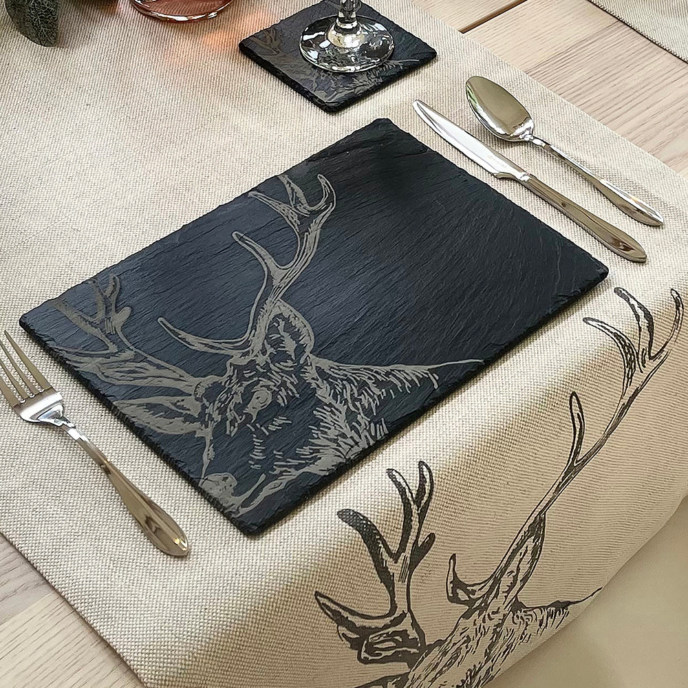 Slate place mat with gray deer antlers graphic; set of 2