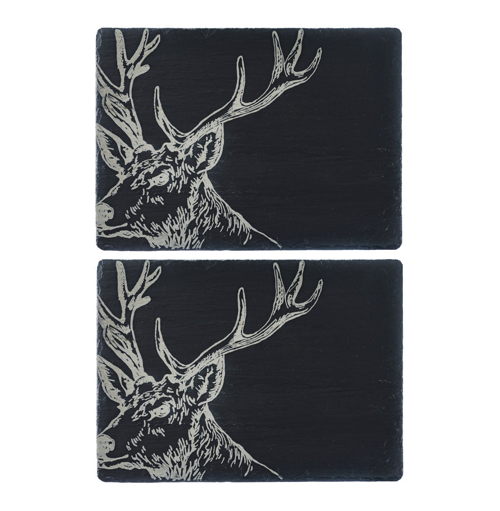 Set of 2 black slate place mats with deer-antler line art
