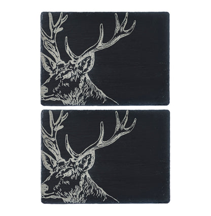 Set of 2 black slate place mats with deer-antler line art