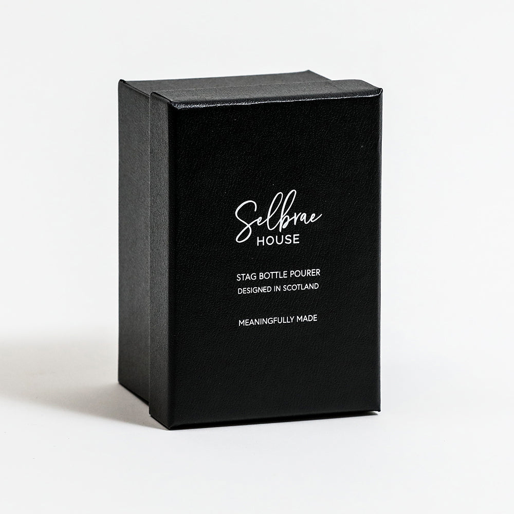 Black gift box for Stag bottle pourer with Selfbrae House branding and details