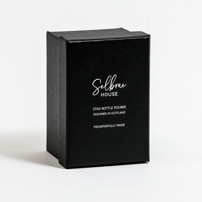 Black gift box for Stag bottle pourer with Selfbrae House branding and details