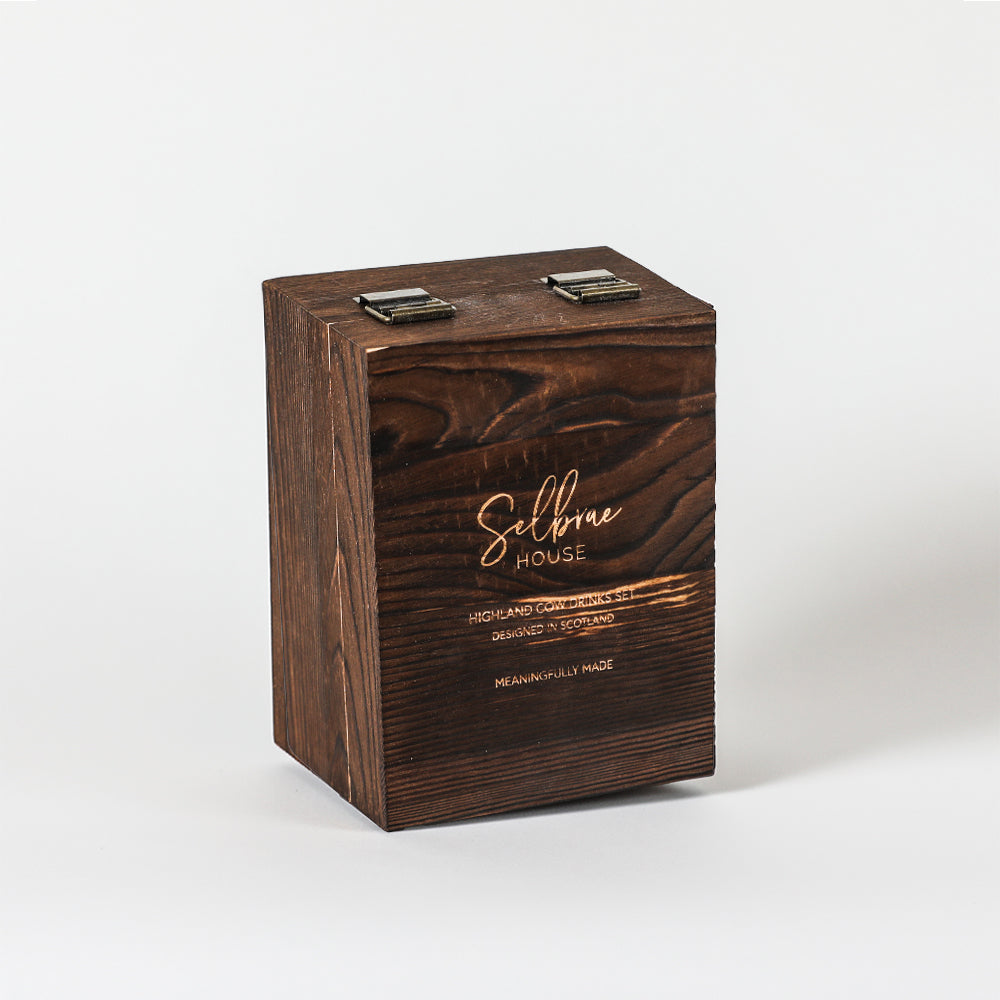 Wooden presentation box with metal latch and Selbrae House logo for drinks set