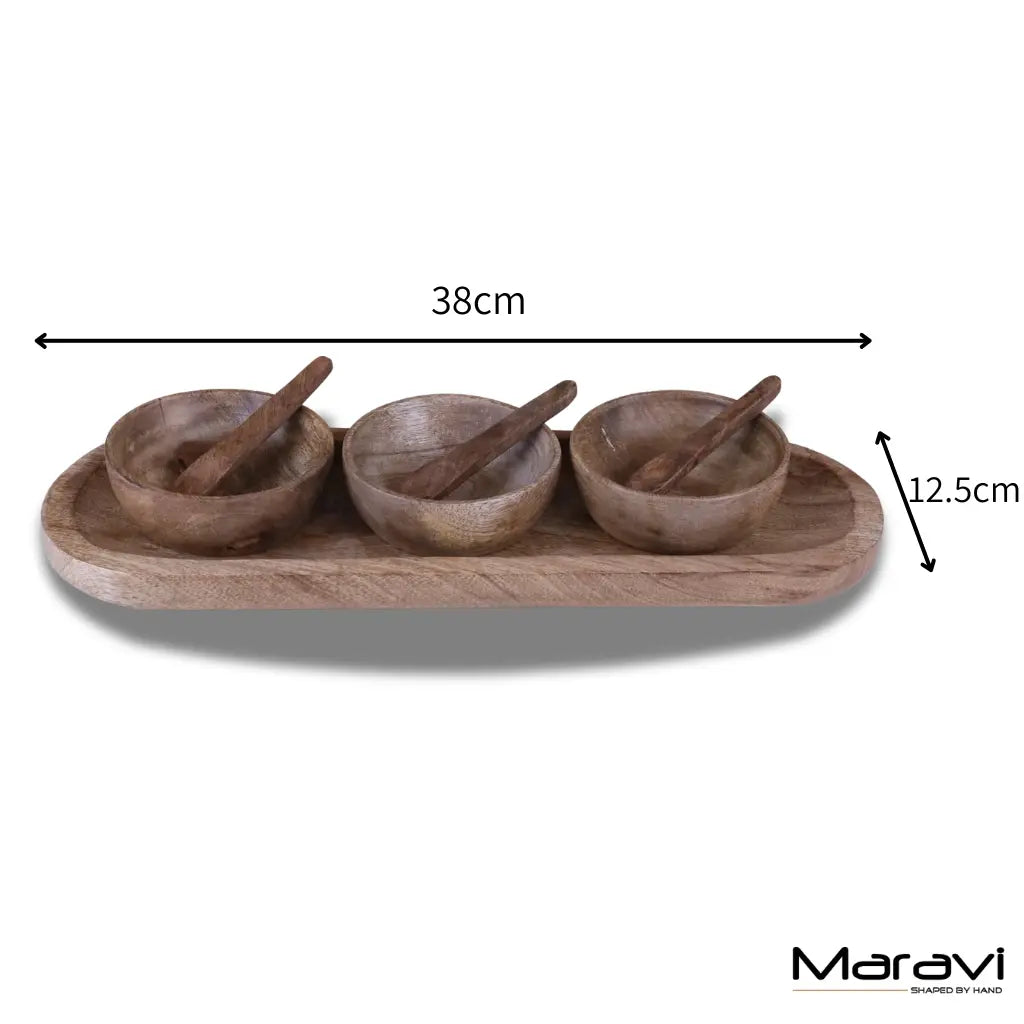Karuna Mango Wood Serving Bowl Set of 3 with Tray