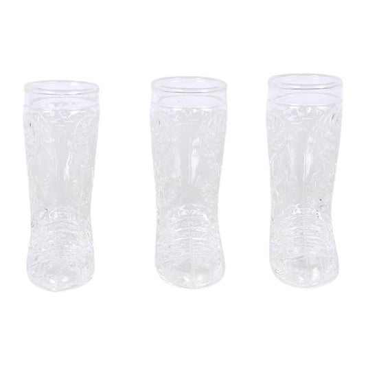 Cowboy boot-shaped shot glasses, frosted clear set of 3 with embossed patterns