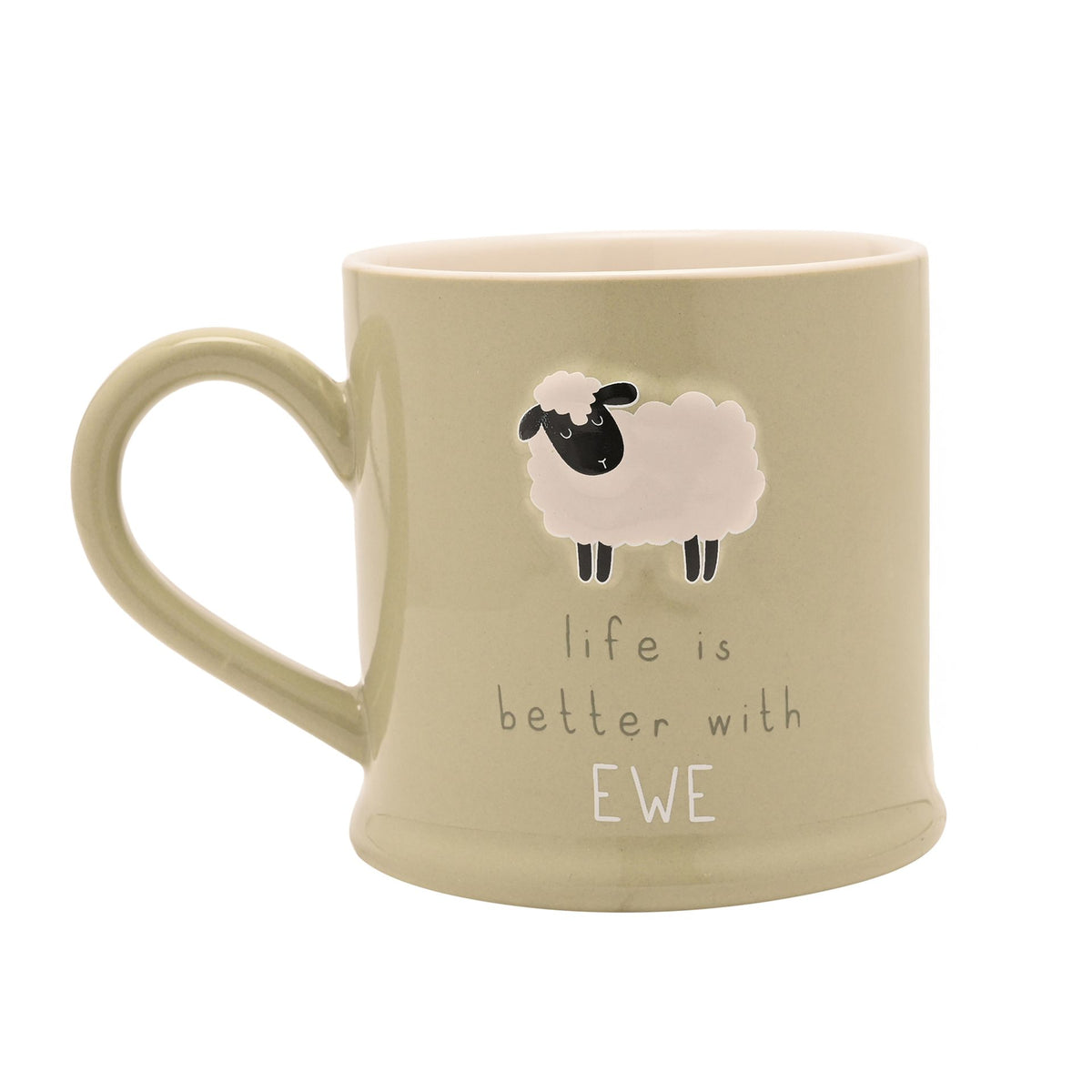 Cream mug with handle, ewe graphic and 'Life is better with EWE' text