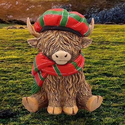 Happy Highland Cow Ornament in Traditional Tartan Scarf & Hat