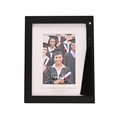Black graduation photo frame with tassels, featuring a student in cap and gown