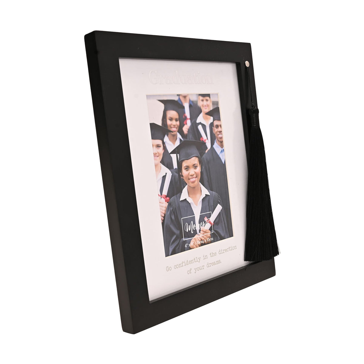 Black photo frame with tassels, angled view showing graduation portrait and border