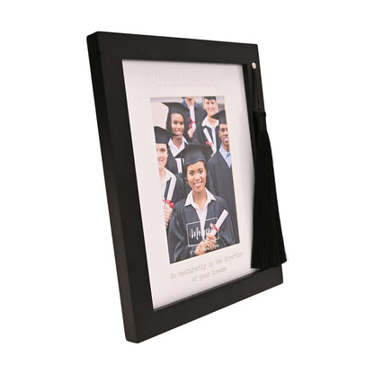Black photo frame with tassels, angled view showing graduation portrait and border