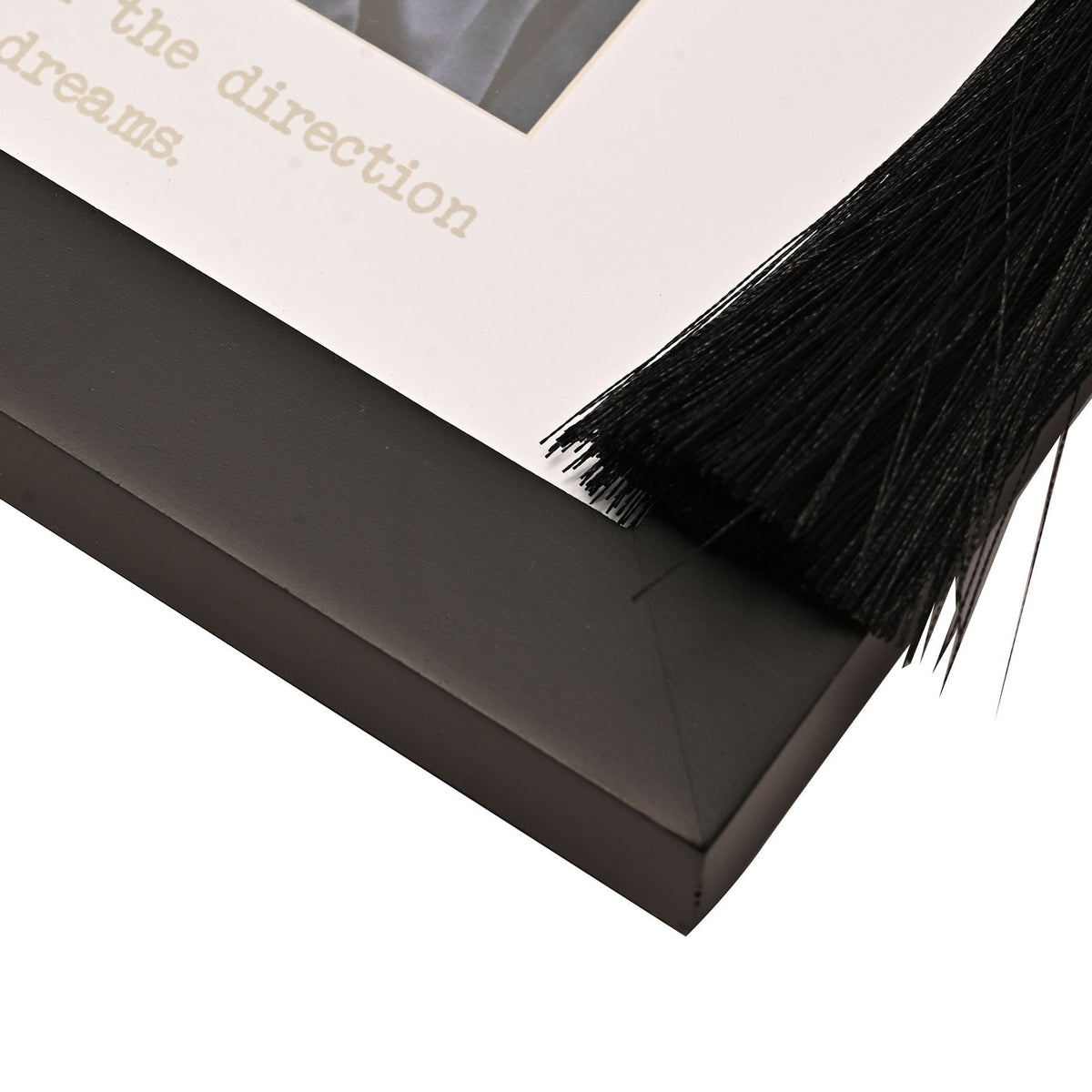 Black photo frame corner with long tassel fringe along the side