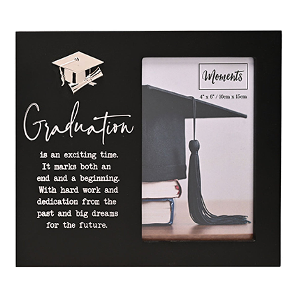 Black graduation photo frame with silver cap icon and 'Graduation' quote, 4x6