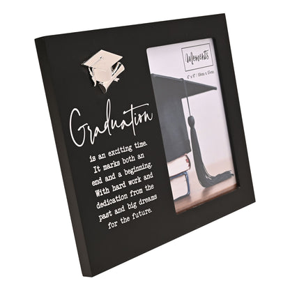 Tilted black graduation photo frame with silver cap icon and 'Graduation' quote, 4x6