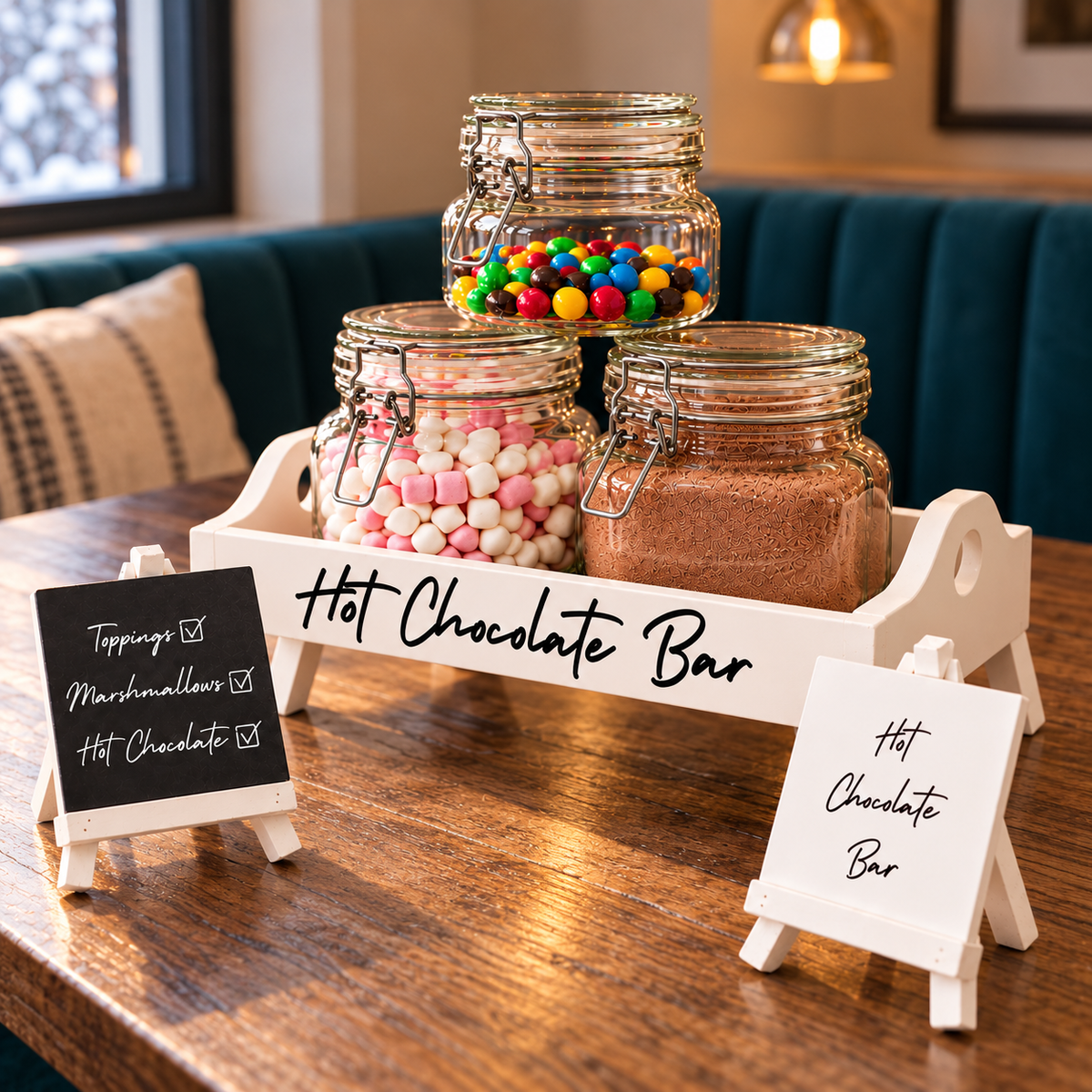 2-in-1 hot chocolate, tea, and coffee station with jars and chalk signs