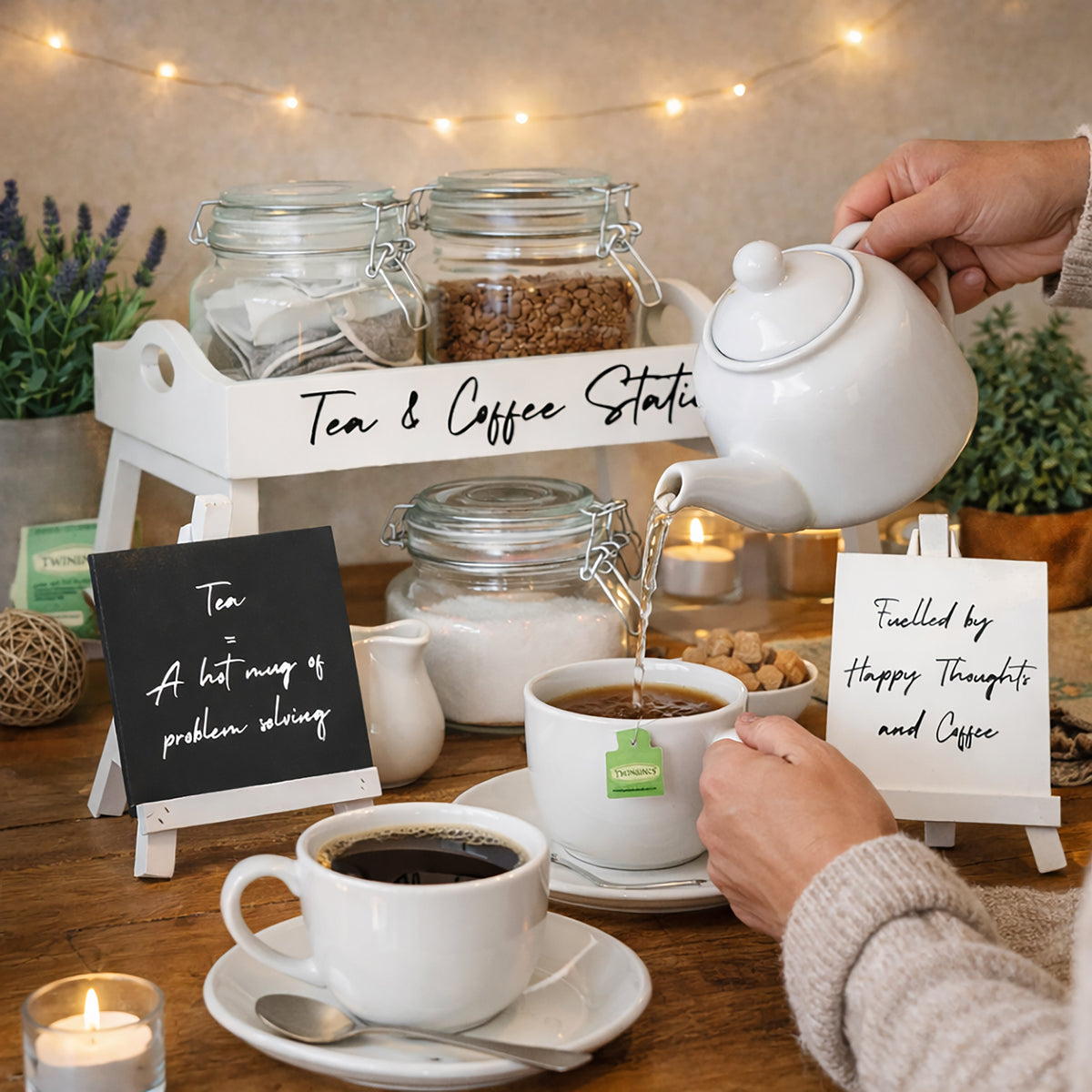 2-in-1 tea and coffee station with pouring kettle, cups, and glass storage jars