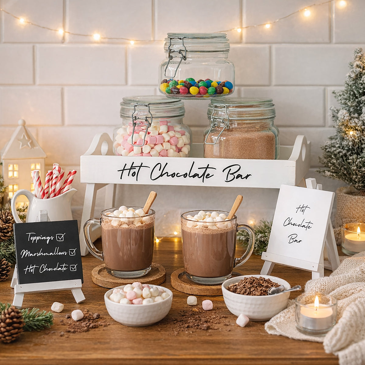2-in-1 hot chocolate station display with cookie jars, mugs, and chalk signs