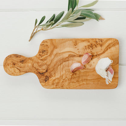 Small olive wood cheese board with handle, swirled grain and dark knots