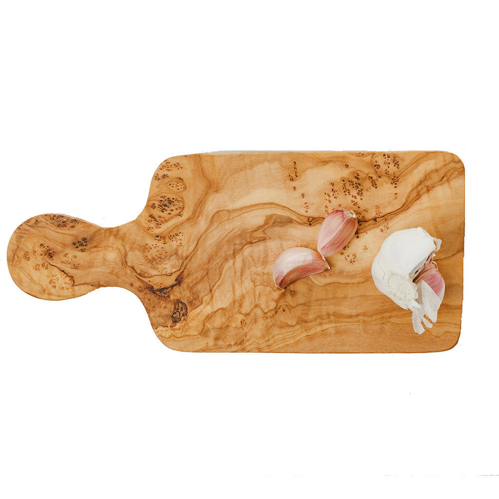 Small olive wood cheese board with rounded handle, swirled grain and dark specks