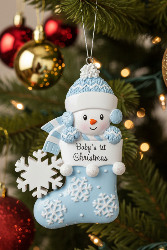 Baby's 1st Christmas - Snowman in Stocking Hanging Christmas Decoration - Choice of Colours