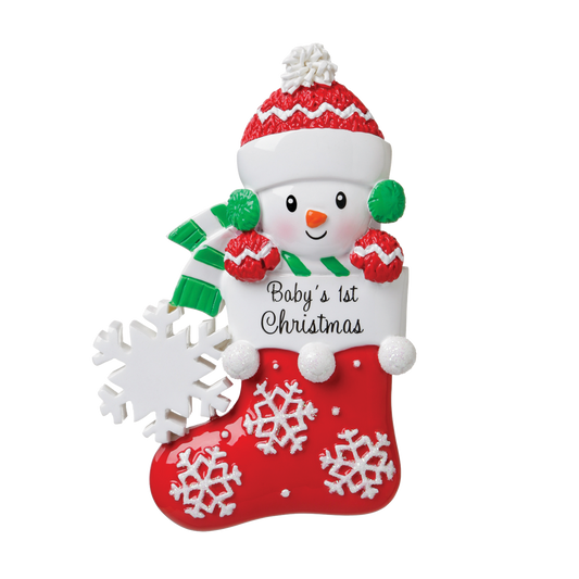 Baby's 1st Christmas - Snowman in Stocking Hanging Christmas Decoration - Choice of Colours