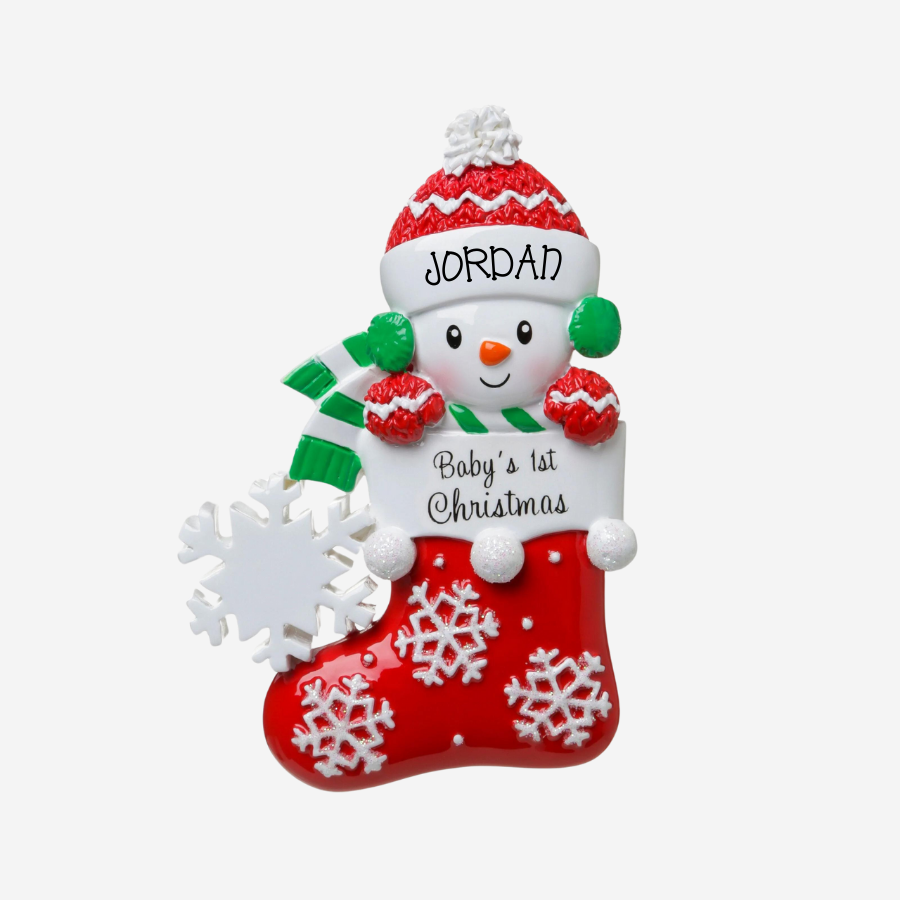 Baby's 1st Christmas - Snowman in Stocking Hanging Christmas Decoration - Choice of Colours