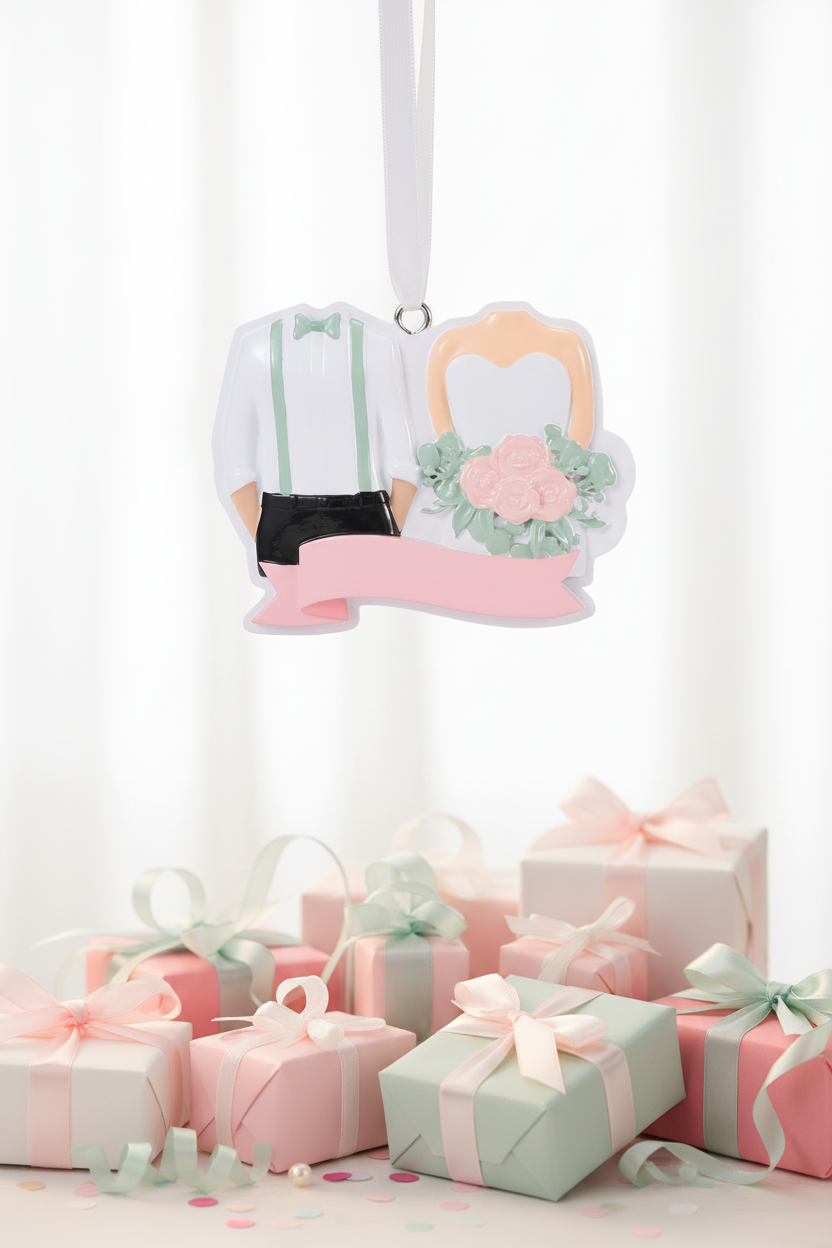 A decorative wedding-themed ornament featuring a bride & groom pink rose bouquet, and a pink banner.