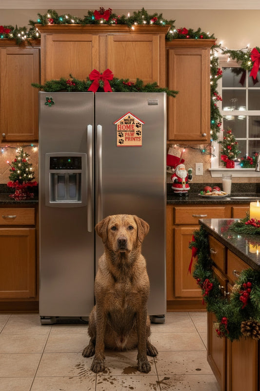 A decorative house-shaped fridge magnet with the phrase 'A HOUSE IS NOT A HOME WITHOUT FOUR PAW PRINTS' in black and red lettering on a light wood-grain background, with four black paw prints and a red roof. Muddy dog not included!