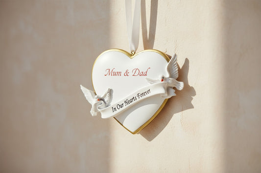 Heart-shaped ornament with two doves and 'In Our Hearts Forever' banner