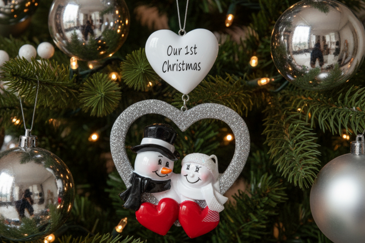 A personalized Christmas ornament featuring a snowman and a woman inside a glittery silver heart, with a white heart at the top that reads 'Our 1st Christmas'. The snowman wears a black top hat and black suit, while the woman wears a white dress and veil.