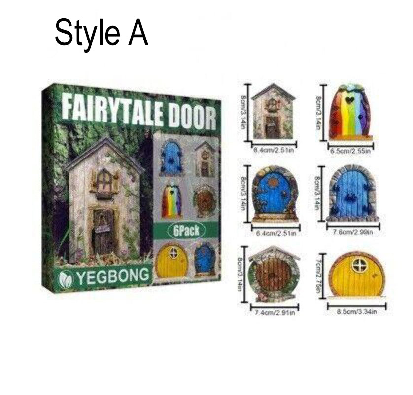 Painted wooden fairy door set of 6, assorted arched mini doors with windows and knobs