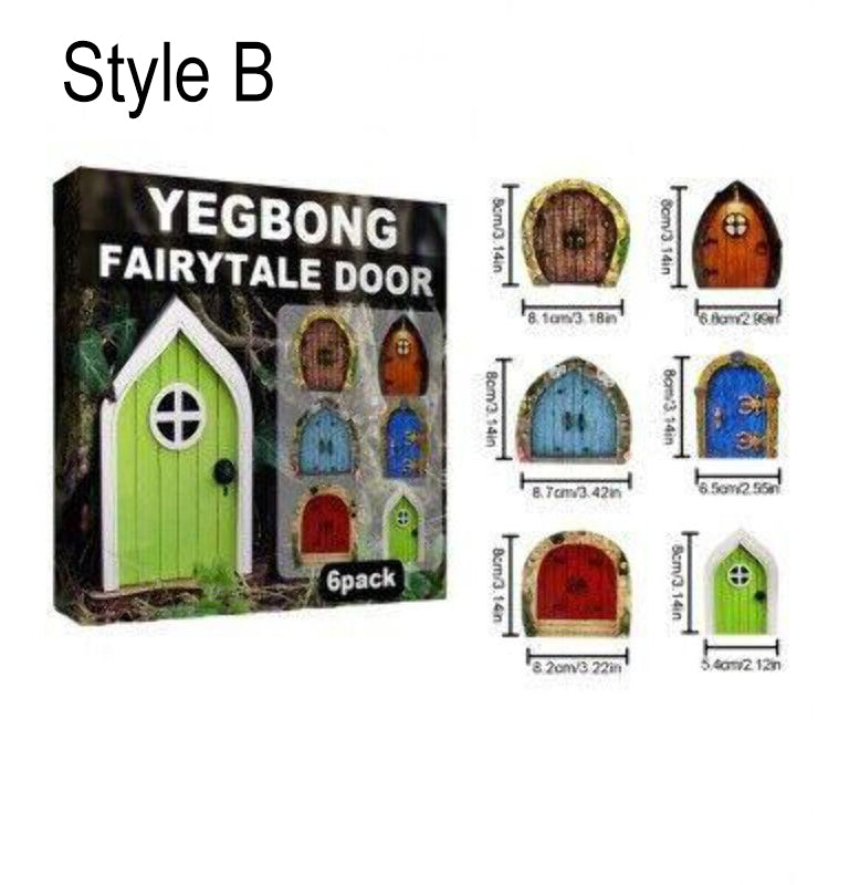 Painted wooden fairy door set of 6, green arched door with window plus assorted mini doors