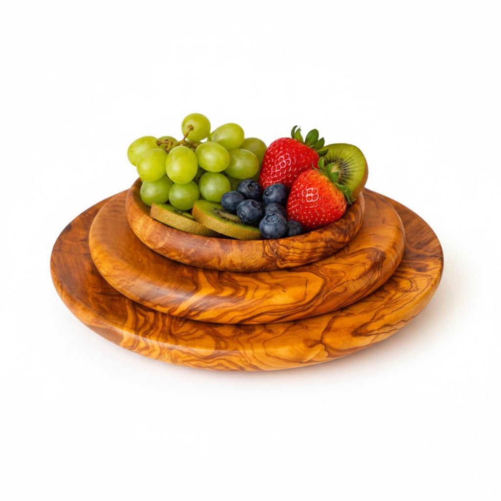 Olive Wood Set of 3 Round Wooden Plates with Round Edge
